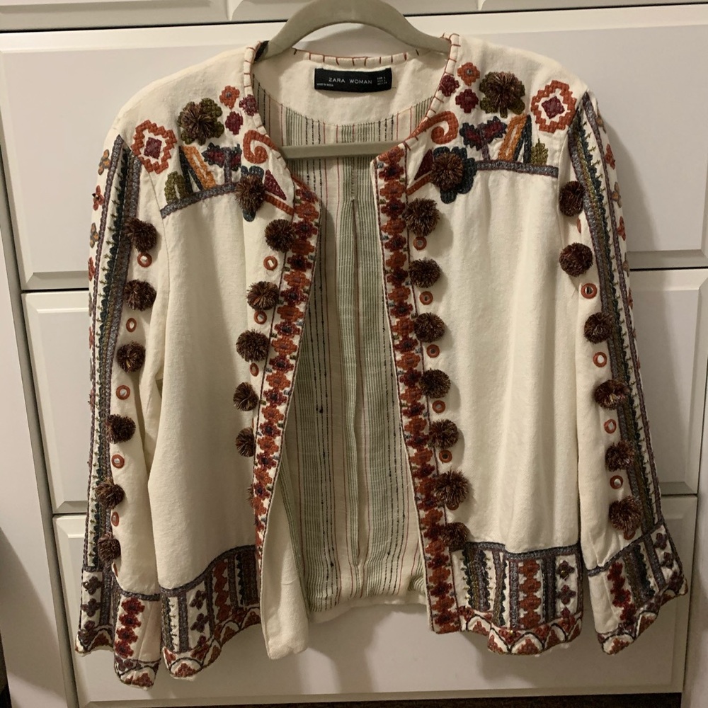 ZARA Embroidered Pom Pom Jacket, Size L